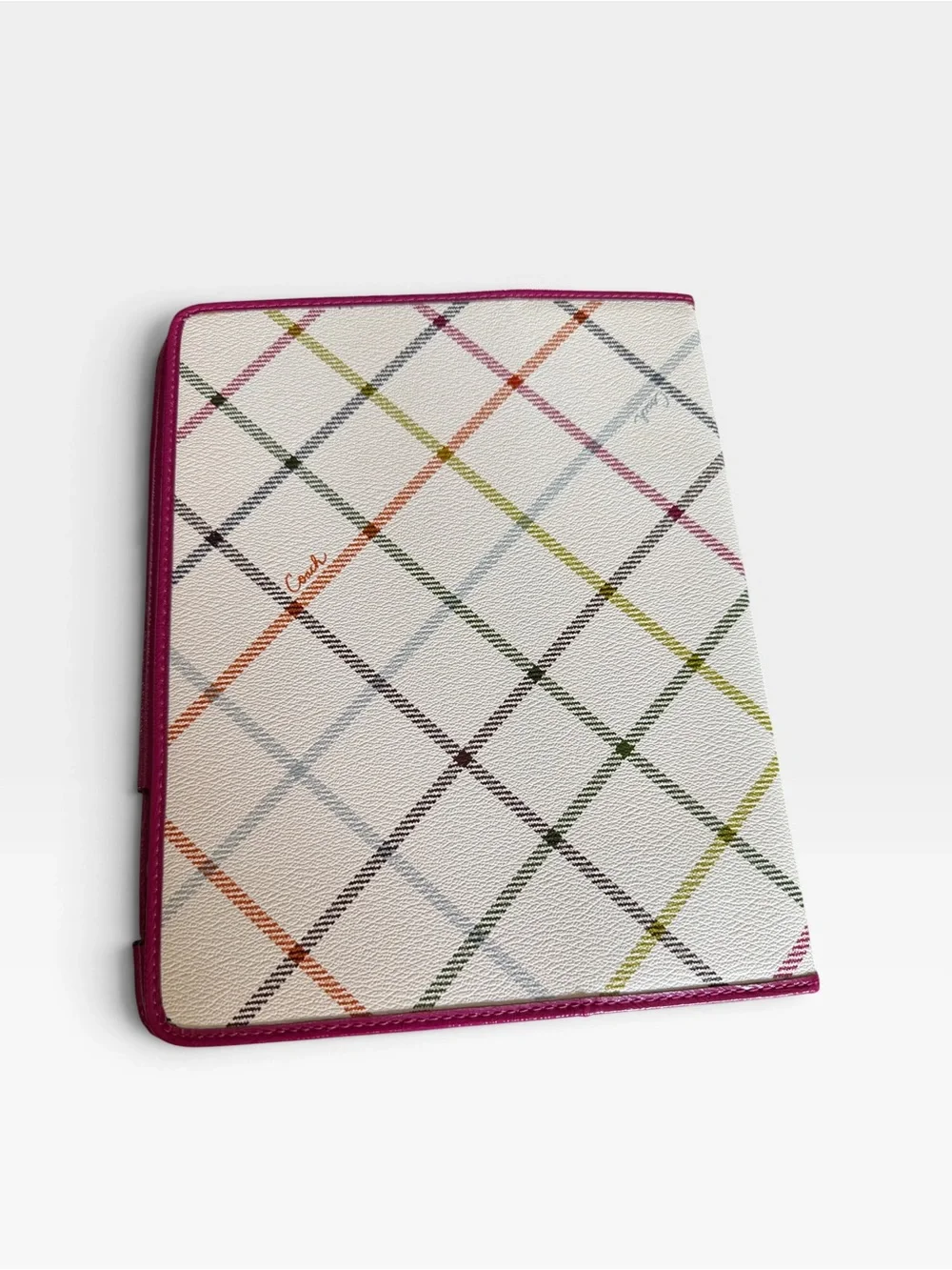 Coach F64186 Tartan Plaid Print iPad Folio Case Cover Multi Pink White NWT